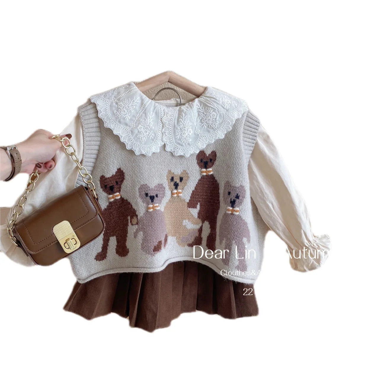 Girls Sweet Suits Autumn Outfit Baby College Spring Pleated Skirt+Sweater Vest+Shirt 3Pcs Sets Kids