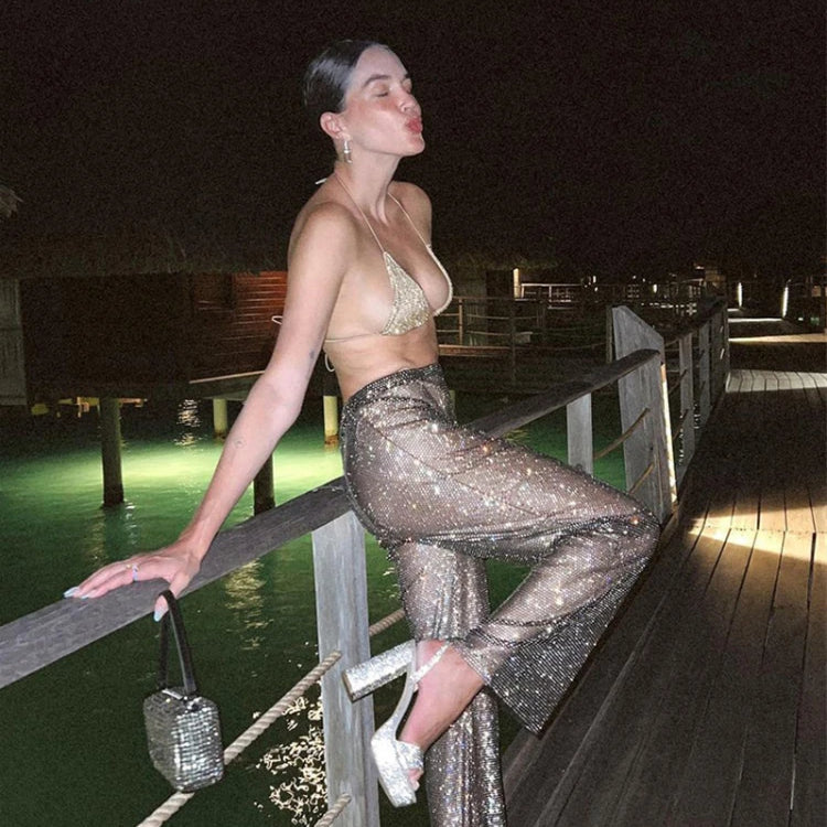Fashion Sexy Glitter Crystal Diamonds Fishnet Women Pant See Through High Waist Pant Female Loose Hot Girl Party Clubwear
