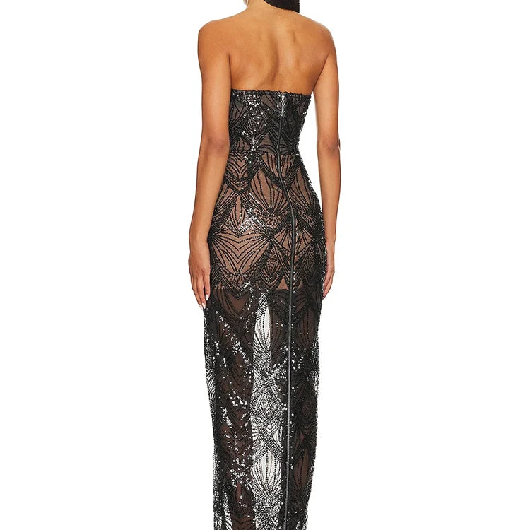 VC Luxury Sequins Beaded Party Dress Sexy Strapless Glitter Patchwork Mesh Sleeveless Evening Party Club Dress Vestido