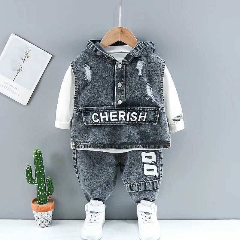 Baby Boy Cotton Clothes Spring Autumn Fashion Cowboy Trousers+Long Sleeve+Coat 3Piece Leisure Sports Stars Denim Clothes Suit AL01 Gray