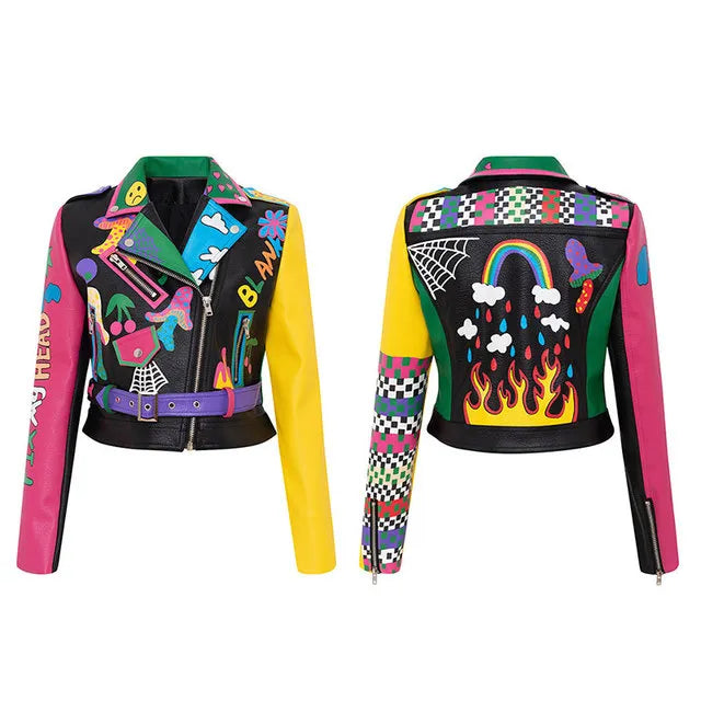 Spring Skull Pattern Graffiti Short Leather Jackets For Punk Women Rivet Slim Streetwear Motorcycle Jackets Coat 9