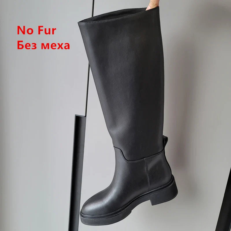 FEDONAS Ins Genuine Leather Knee High Boots For Women Thick Heeled Autumn Winter Warm Shoes Woman High Motorcycle Boots blackD