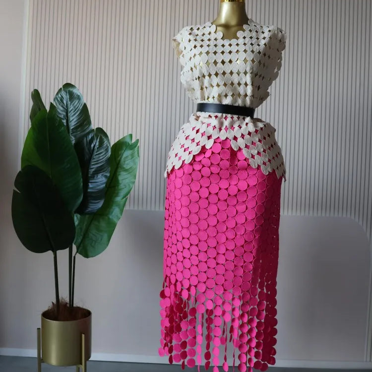 CM.YAYA Women Cutout O-neck Crop Top and Bodycon Midi Slim Maxi Long Skirt Suit 2025 Summer Vacation Sexy Two 2Piece Set Outfits Apric-Rose red--belt One Size