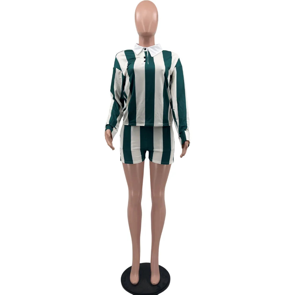 CM.YAYA Striped Women's Set Pleated full Sleeve Turn-down Collar Polo-t-shirt and Shorts 2025 Two 2 Piece Sets Outfit Tracksuits