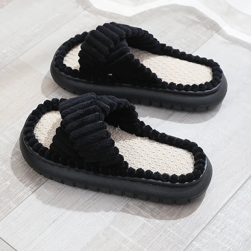 Autumn Winter Women Home Slippers Open-Toe Cross Band Linen Soled Indoor Slides Linen Soled Non-Slip Bathroom Slippers black