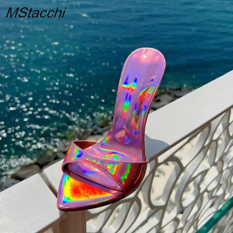 Laser Dazzling Color Sandals For Women Slippers Summer Star Style Very High Heel Shoes Peep Toe Ladies Stiletto Sandals 2025