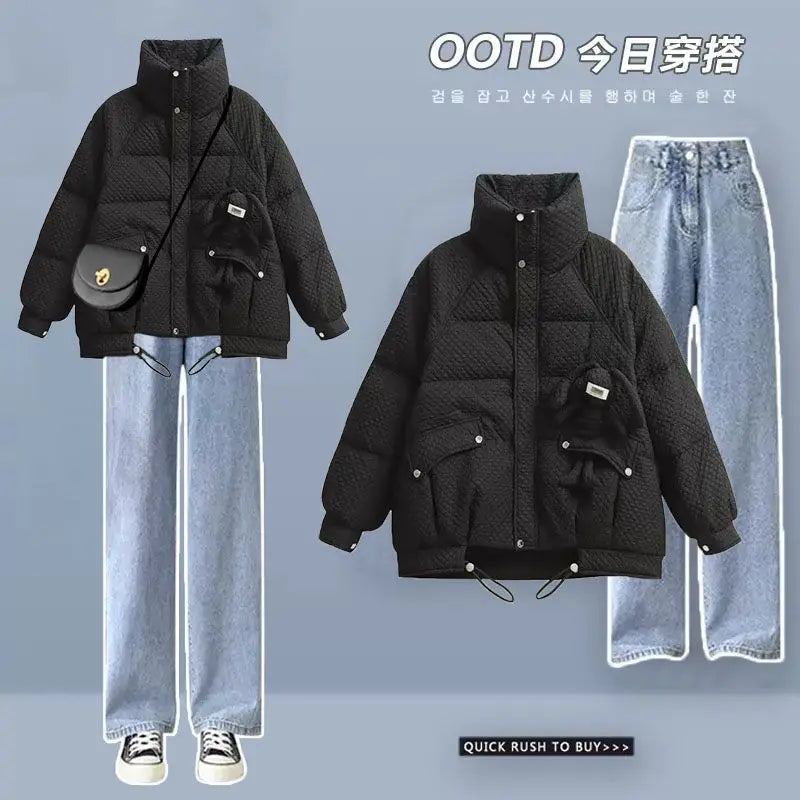 Korean Style Loose and Thickened Cotton Jacket Price Casual Wide Leg Pants Two-piece Elegant Women's Pants Set Winter Outfits black set 02