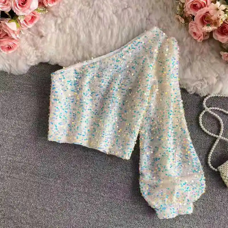 Fall 2024 Oblique Collar T-shirt Strapless Unilateral Puff Sleeve Slim Fit Short Sequined Top white One Size