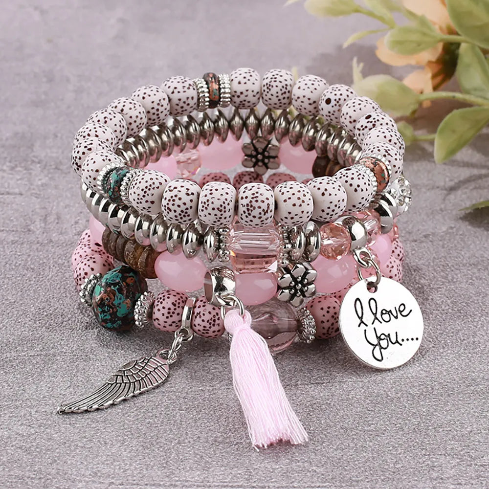 4pcs Bohemian Women Pink -Tassel Pulsera Juego para mujeres I Love You Feather redondea Beads Chain Bangle Fashion Farty Jewelry