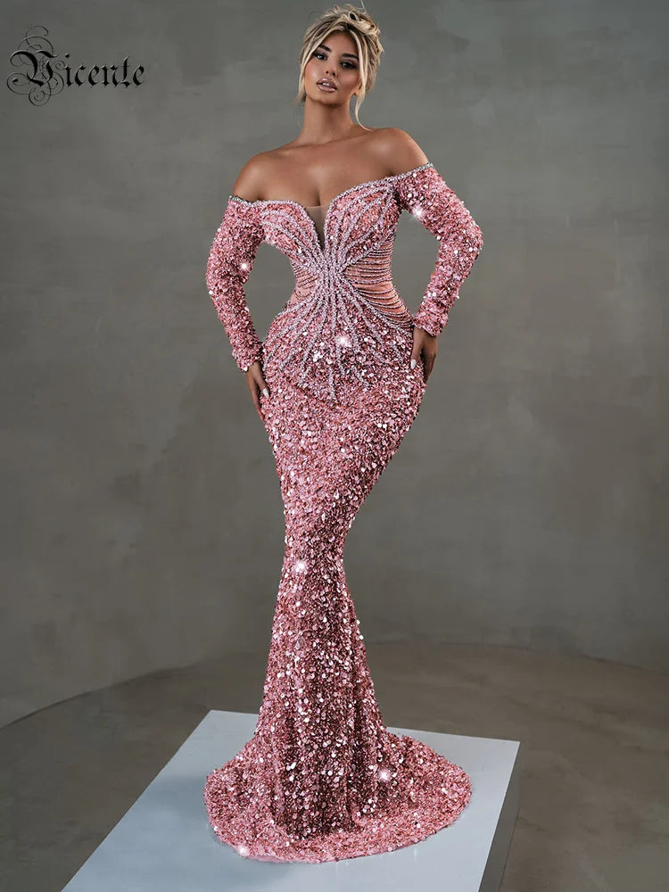 VC Pink Sparkly Sequins Long Dress Pearls Chains Design Off the Shoulder Long Sleeves Formal Occasion Mermaid Party Evening Gown