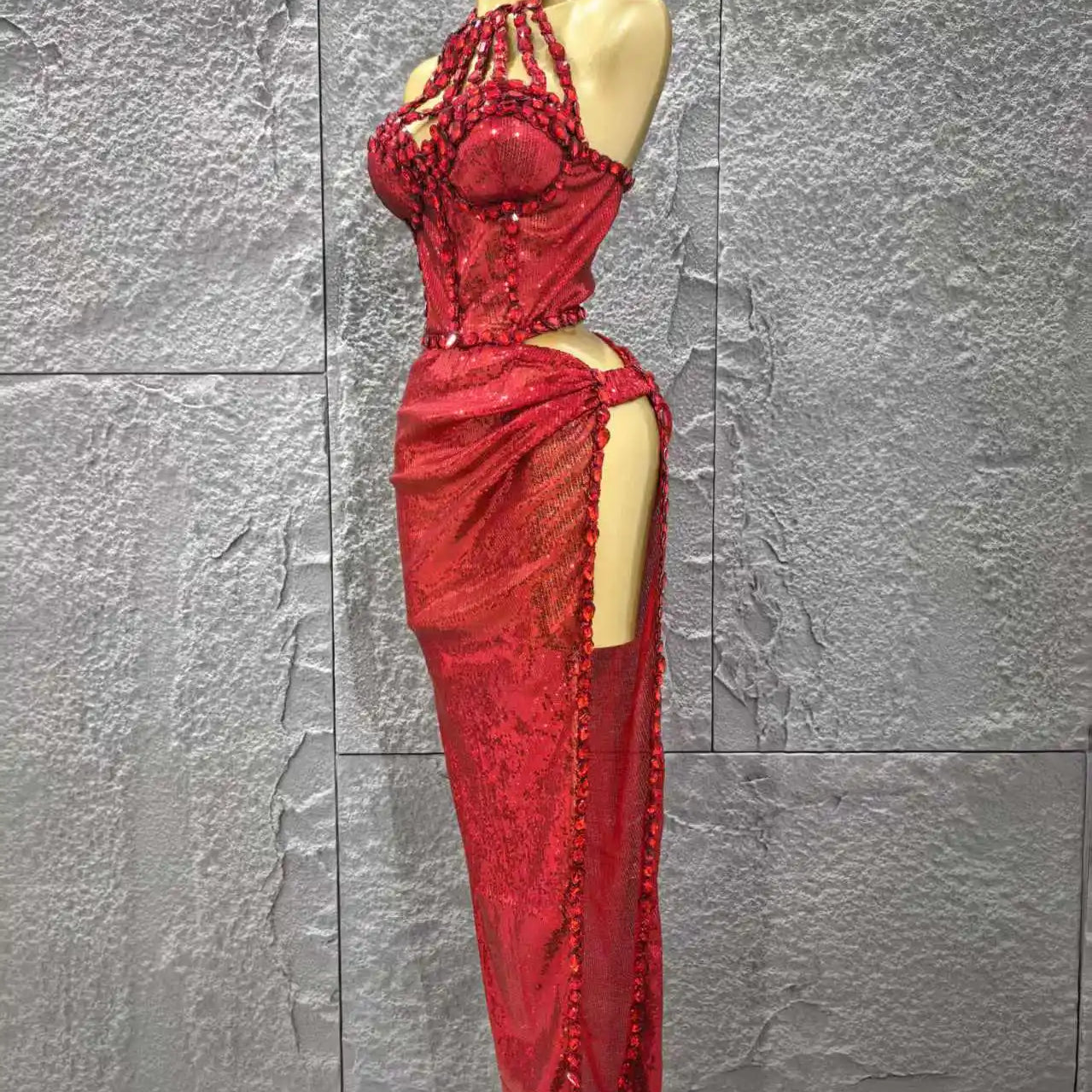 Red Color Women Sexy Off the Shoulder Shinning Crystal 2 Pieces Bodycon Long Dress Celebrate Birthday Party Nigtclub Outfit