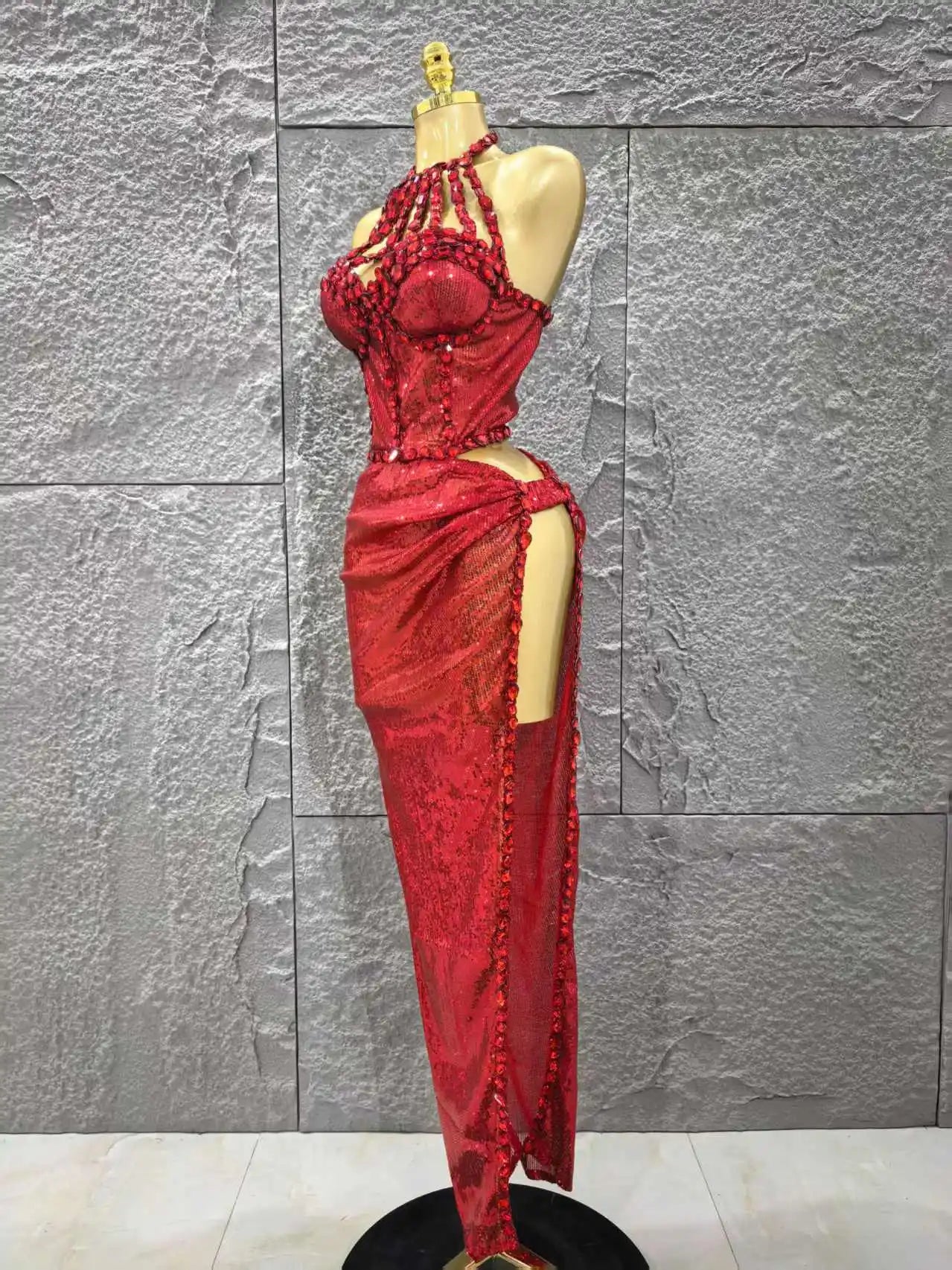 Red Color Women Sexy Off the Shoulder Shinning Crystal 2 Pieces Bodycon Long Dress Celebrate Birthday Party Nigtclub Outfit