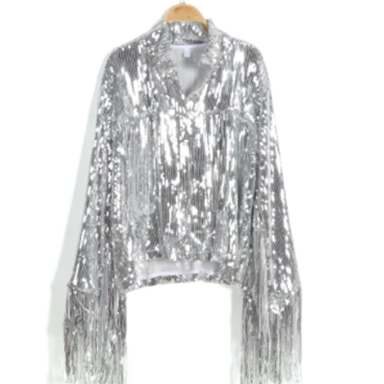 Reflective Tassel Sequin Jacket Women Outwear Tops Retro Long-sleeved Coat Summer Autumn Streewear New Female Jackets Silver One Size