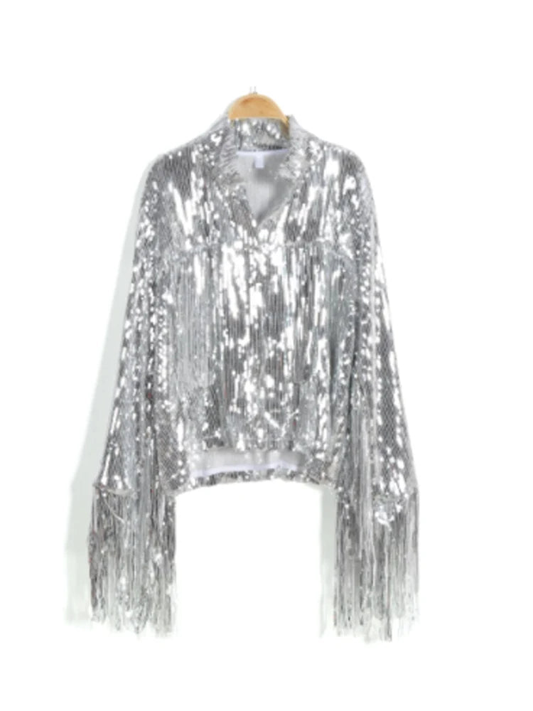 Reflective Tassel Sequin Jacket Women Outwear Tops Retro Long-sleeved Coat Summer Autumn Streewear New Female Jackets Silver One Size