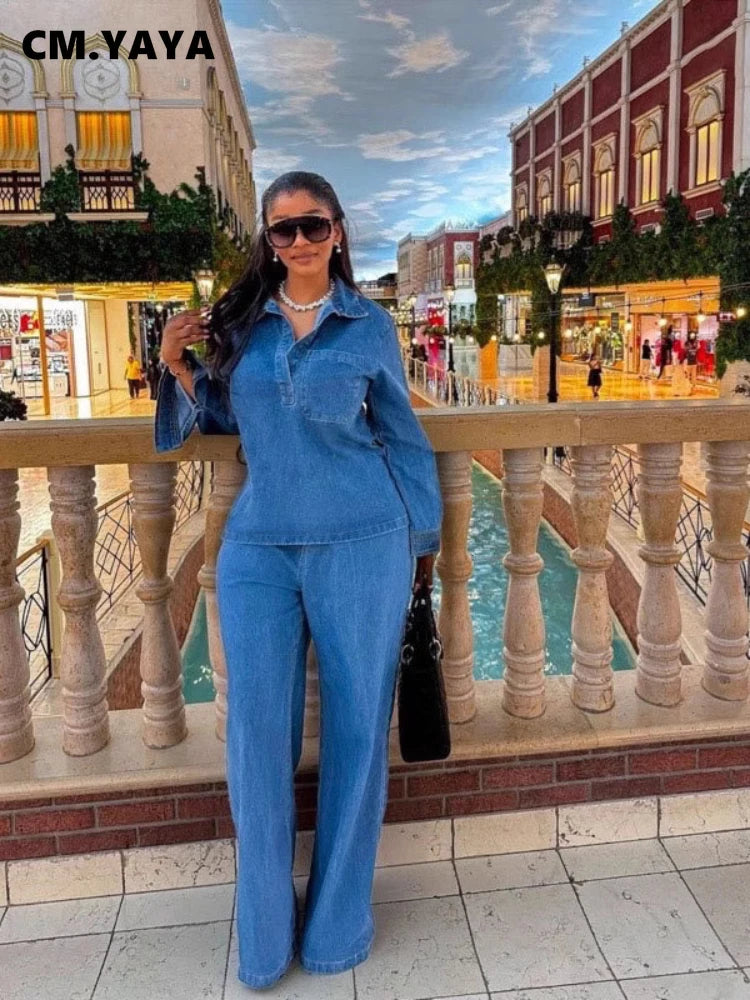 CM.YAYA Fashion Women's Set Long Sleeve Washed Denim Tops Shirts + Wide Leg Pants Suit 2025 Spring Street Two 2 Piece Set Outfit
