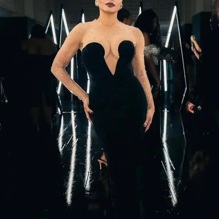 Ailigou New Women's Formal Evening Dress Wearing Sexy Mesh Long sleeved Patch Black Velvet Beaded Evening Dress