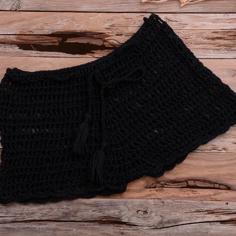 Crochet Hollow Out Tassel Beach Cover Up Sexy Women Mini Tops Beachwear Bikini Swimwear Bathing Suit Cover Up Black Bottom One Size