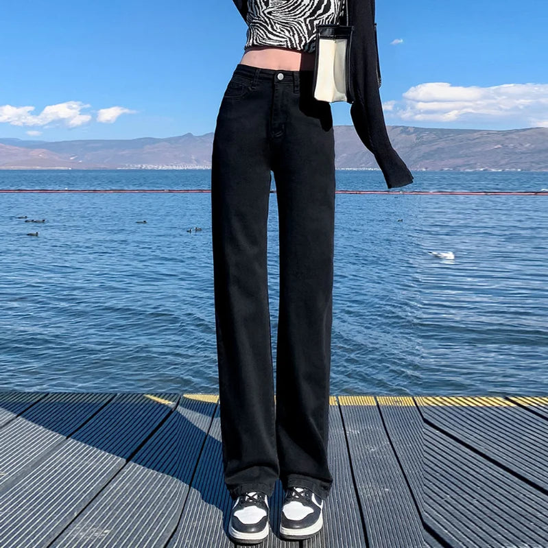 Autumn Spring Jeans Women Denim Pants Vintage Straight Trousers Fashion Female White Black Solid Loose Casual Wide Leg Pants black