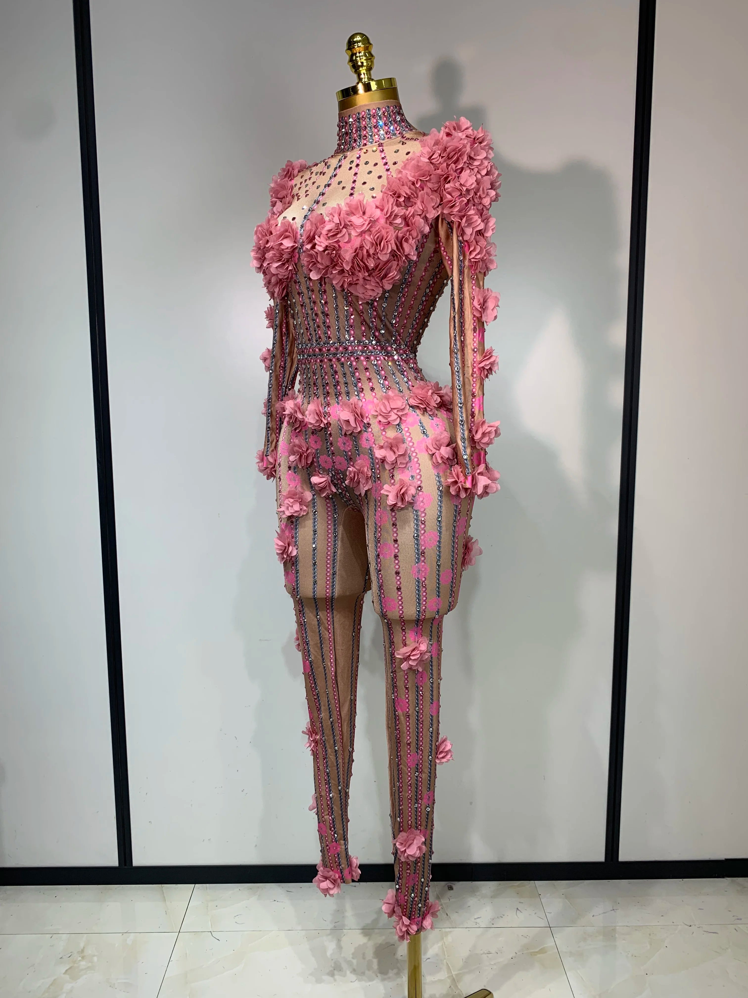 Sexy Skinny Rhinestones Flower Long Sleeve Bodycon Jumpsuit Women High Street Nightclub Birthday Performance Dance Stage Outfit