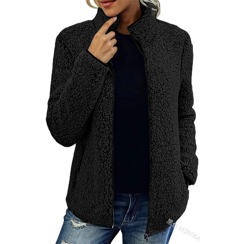 Women Solid Fleece Jackets Casual Fashion Stand Collar Coat Female Long Sleeve Zipper Outerwear Lady Clothes Autumn Winter Black