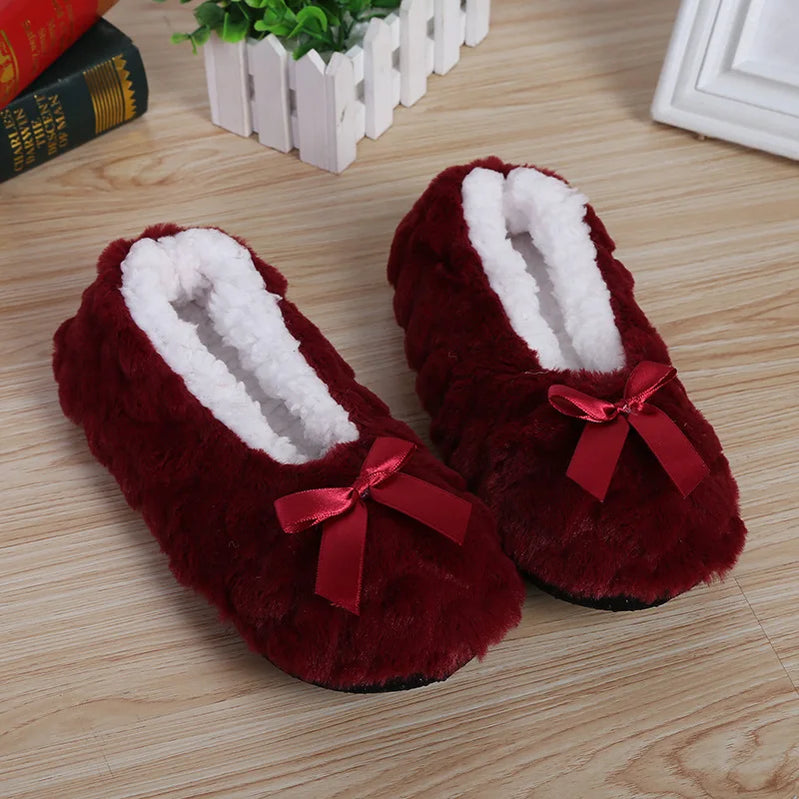 Winter Warm Slipper Womens Home Plush Soft Fluffy Cute Funny Indoor House Female Non Slip Ladies Floor Shoes Heart Love Grip Wine Red