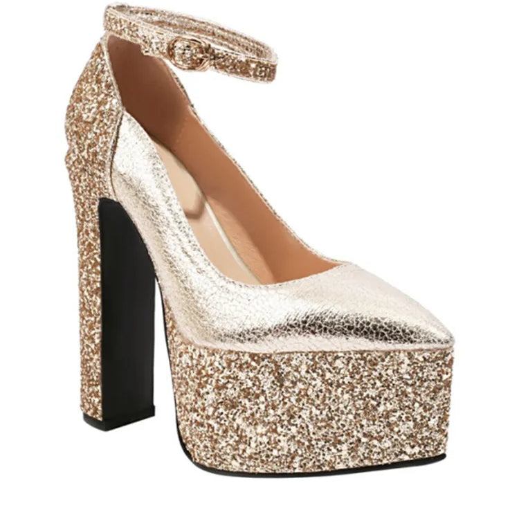 Women's Thick Soles High Heels Fashion Sequins Pointed Elegant Platform Women's Banquet Wedding Party Women's Shoes 57- golden