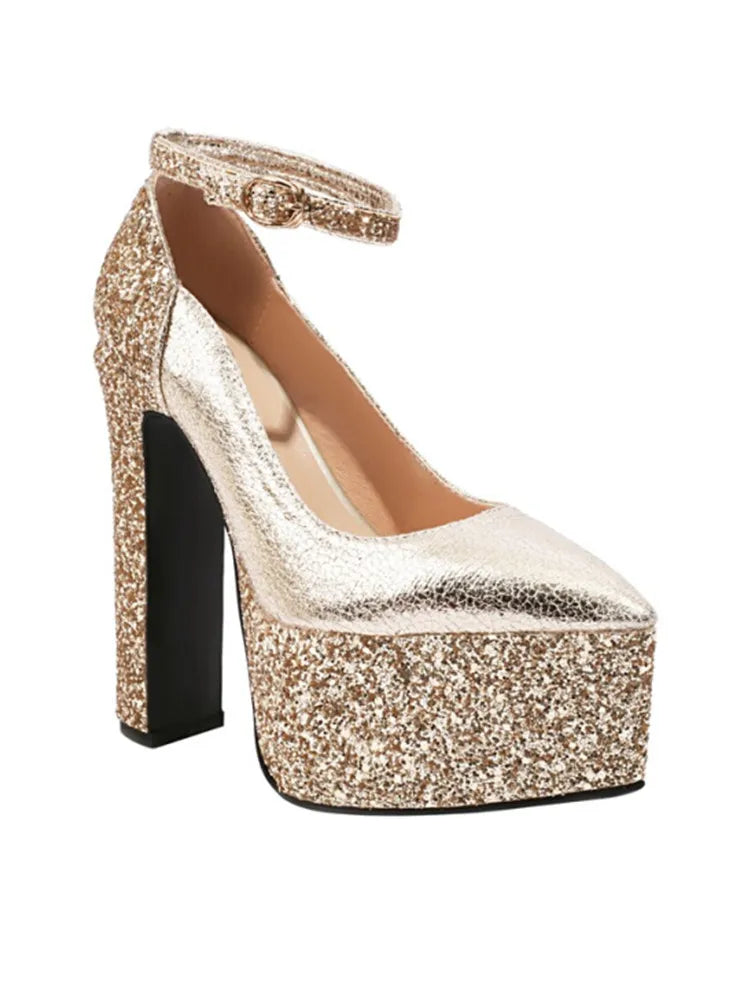 Women's Thick Soles High Heels Fashion Sequins Pointed Elegant Platform Women's Banquet Wedding Party Women's Shoes 57- golden