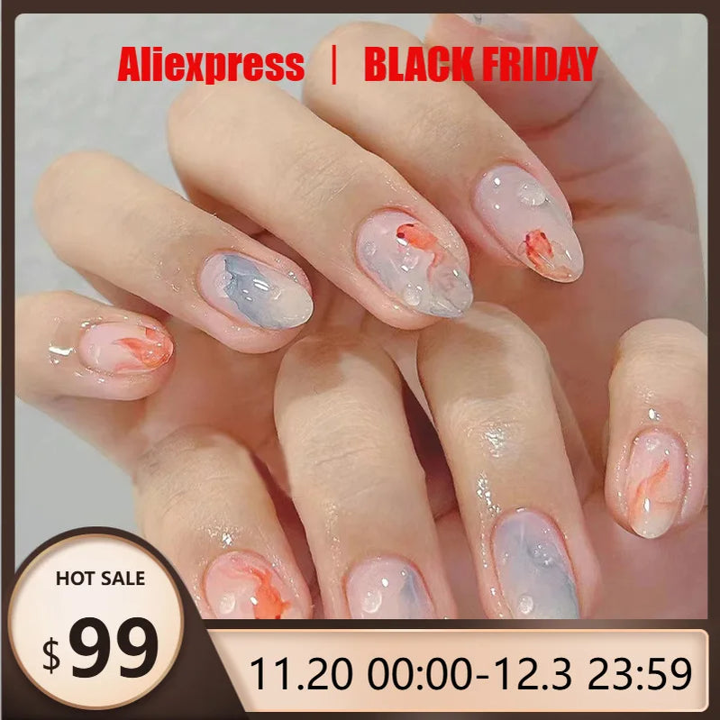 24pcs Ins Simple False Nails Goldfish Pattern Almond Fake Nail Wearable Detachable Simple Nude Pink Press On Nails Manicure Set