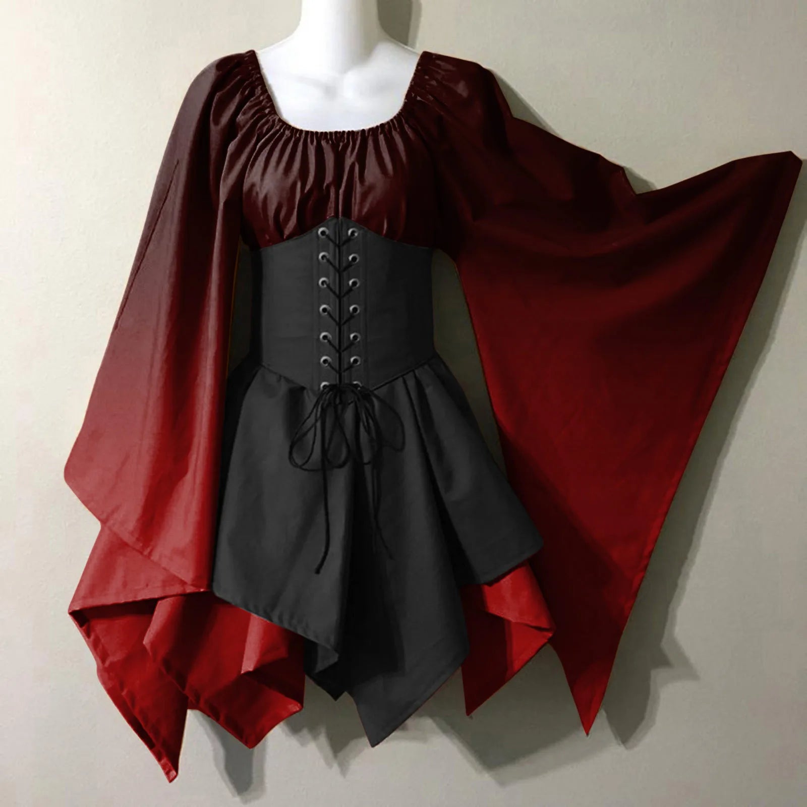 Medieval Costume For Womens Trumpet Sleeve Irish Shirt Dress With Corset Traditional Dress Halloween Women Mature Womens Dresses Wine