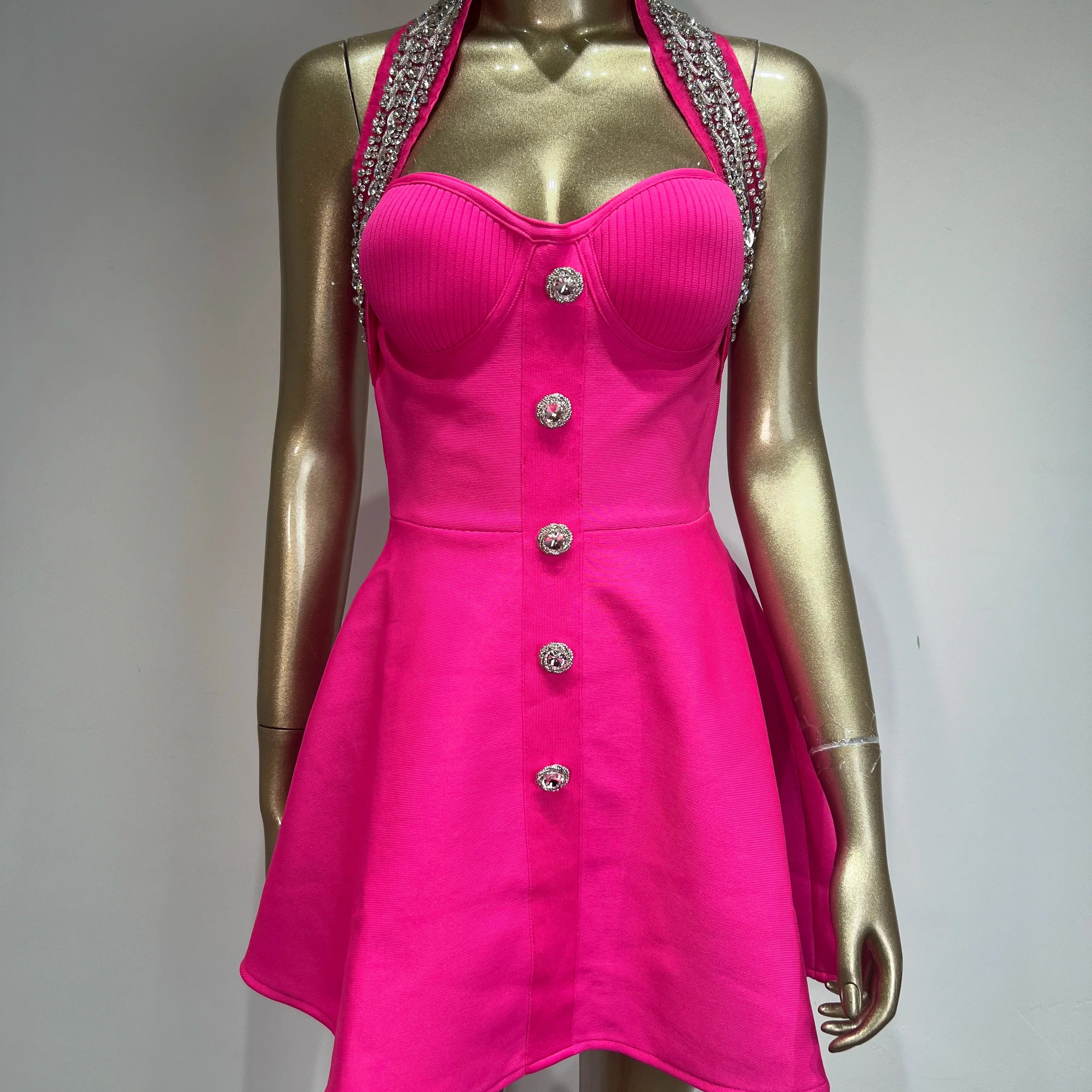 Bandage Dress Women Celebrity Sexy Backless Halter Beading A Line Pleated Black Bodycon Elegant Evening Club Party Dress