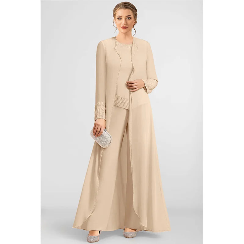 Flycurvy Plus Size Mother Of The Bride Apricot Sequin Embellishment Chiffon Wide Leg Three Piece Pant Suit