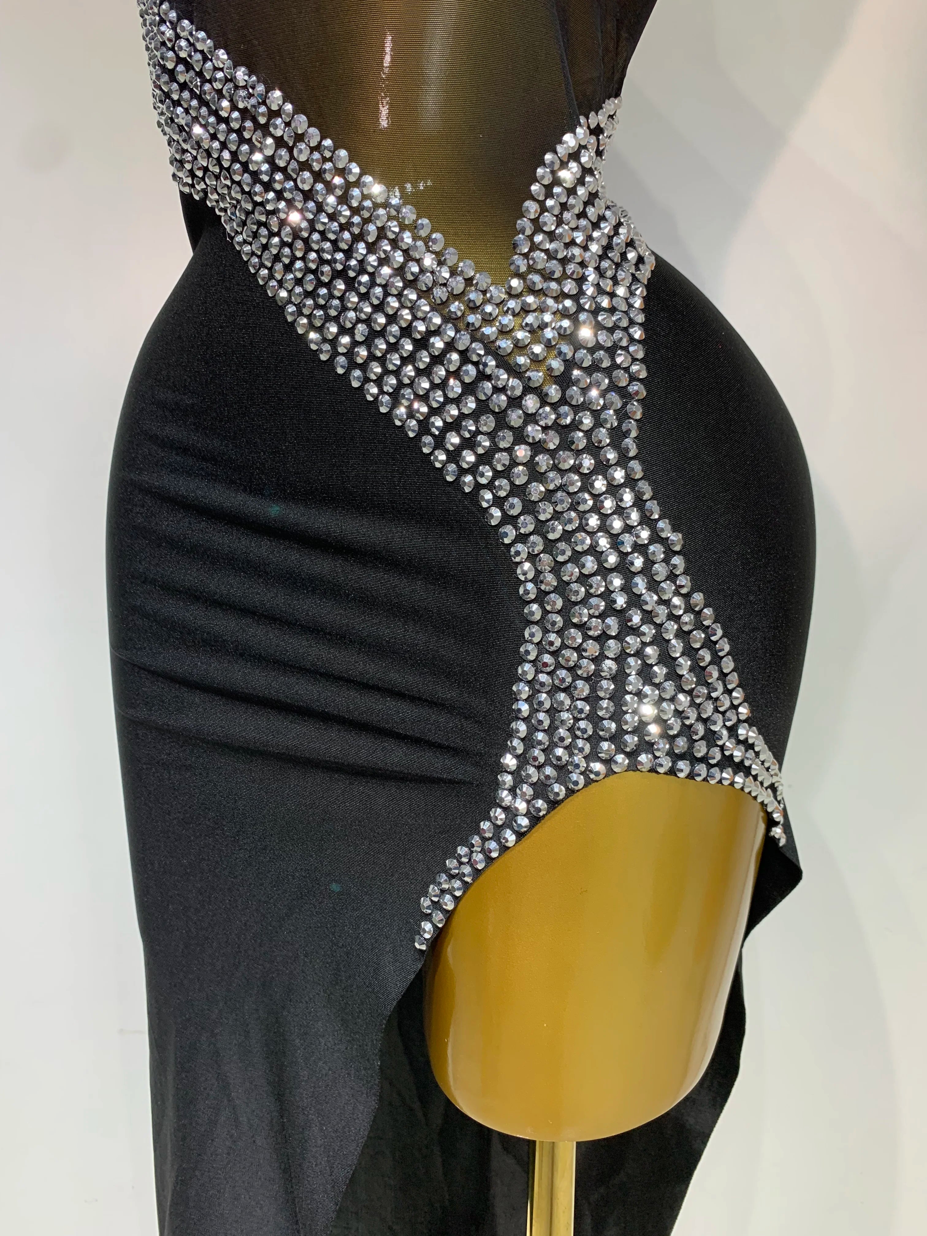 Sparkly Rhinestones Mesh Evening Party Dress Women Sexy Festival Celebrate Dj Nightclub Singer Stage Outfit Birthday Dress