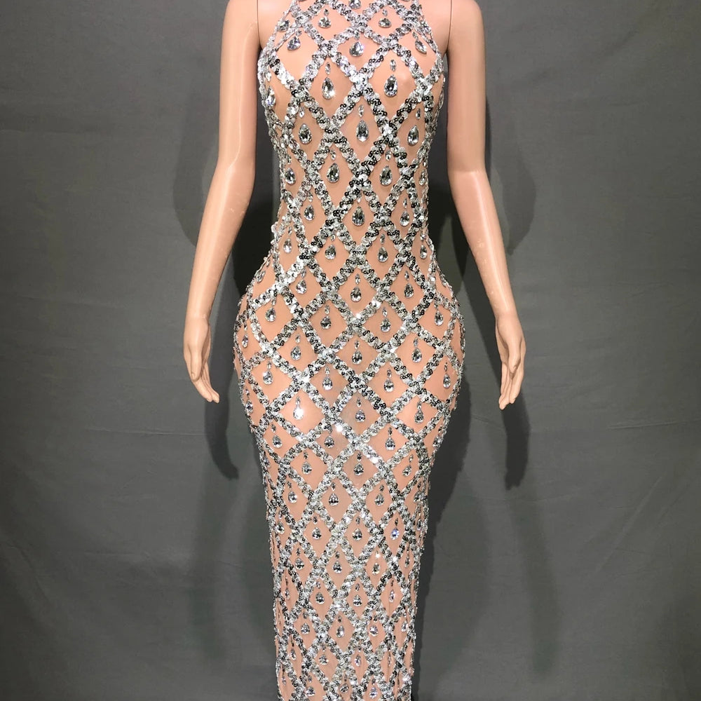 Sparkly Sequins Crystals Long Sleeves Dress Women Evening Prom Birthday Dress Sexy Transparent Rhinestones Photo Shoot Dress sleeveless light