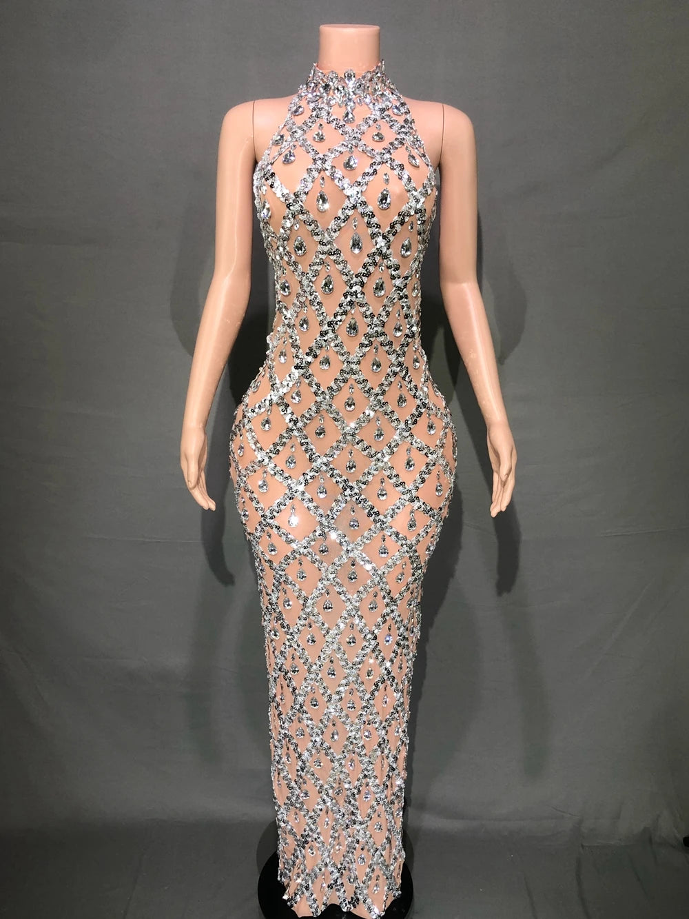 Sparkly Sequins Crystals Long Sleeves Dress Women Evening Prom Birthday Dress Sexy Transparent Rhinestones Photo Shoot Dress sleeveless light