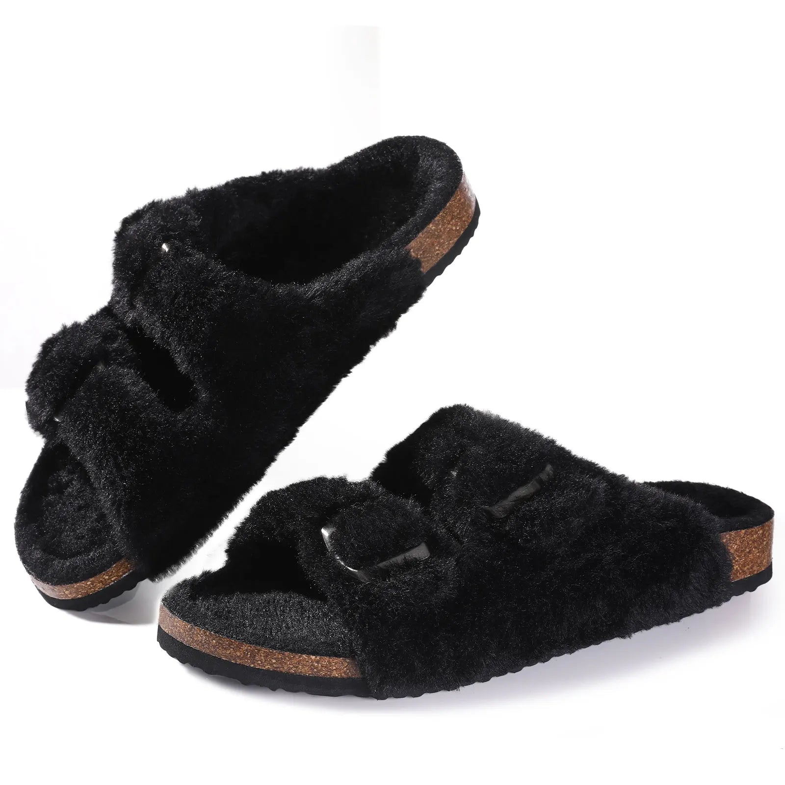 Cork Plush Flip Flops Clogs For Women Slippers Winter Furry Fluffy House Slippers With Arch Support Fuzzy Fur Flip Flops Black
