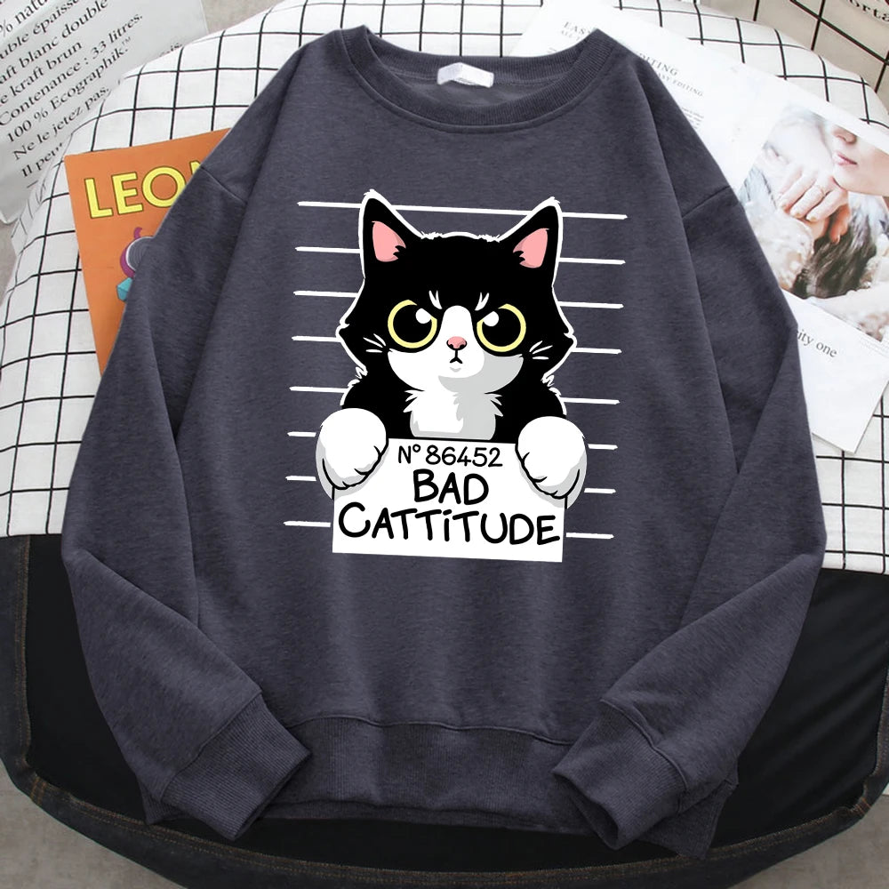 Autumn Winter Womens Pullover No86452 Bad Cattitude Funny Cat Print Hoodie Fleece All-Math Sweatshirts Warm Crewneck Ladies Tops Dark Gray