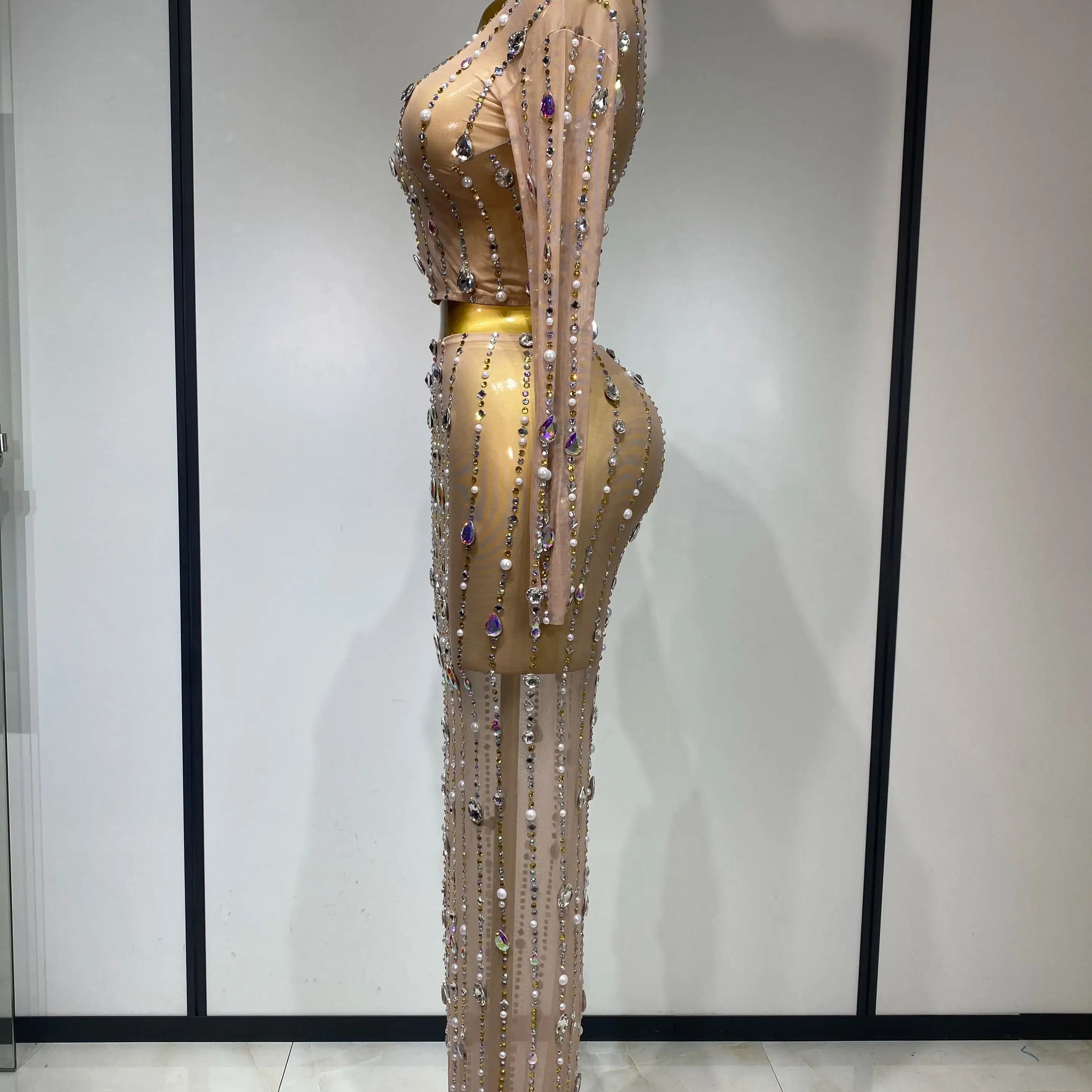 Women Sparkly Rhinestones Top Long Skirt Two Pieces Set Singer Dancer Nightclub Stage Performance Costume Luxury Birthday Dress