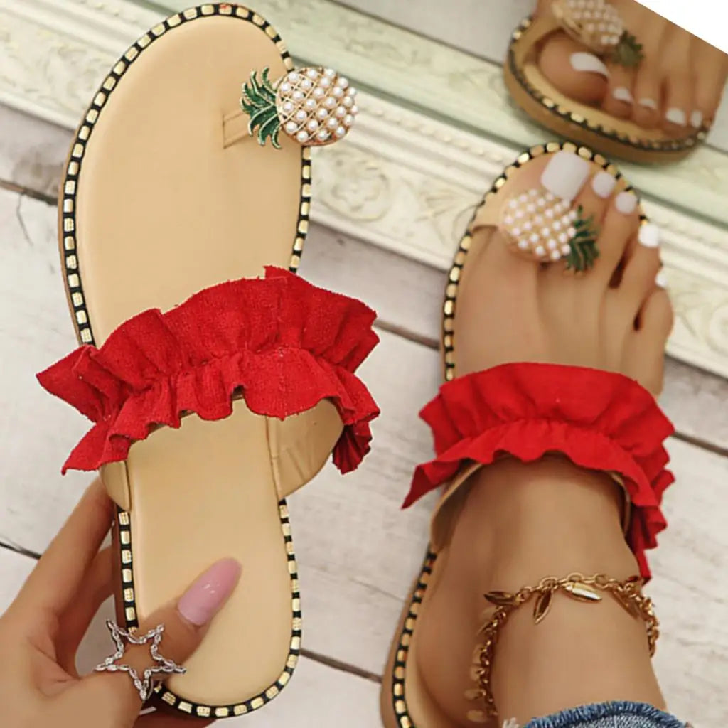 Women Slipper Pineapple Pearl Flat Toe Bohemian Summer Beach Sandals Ladies Shoes plus size Mujer Verano Red