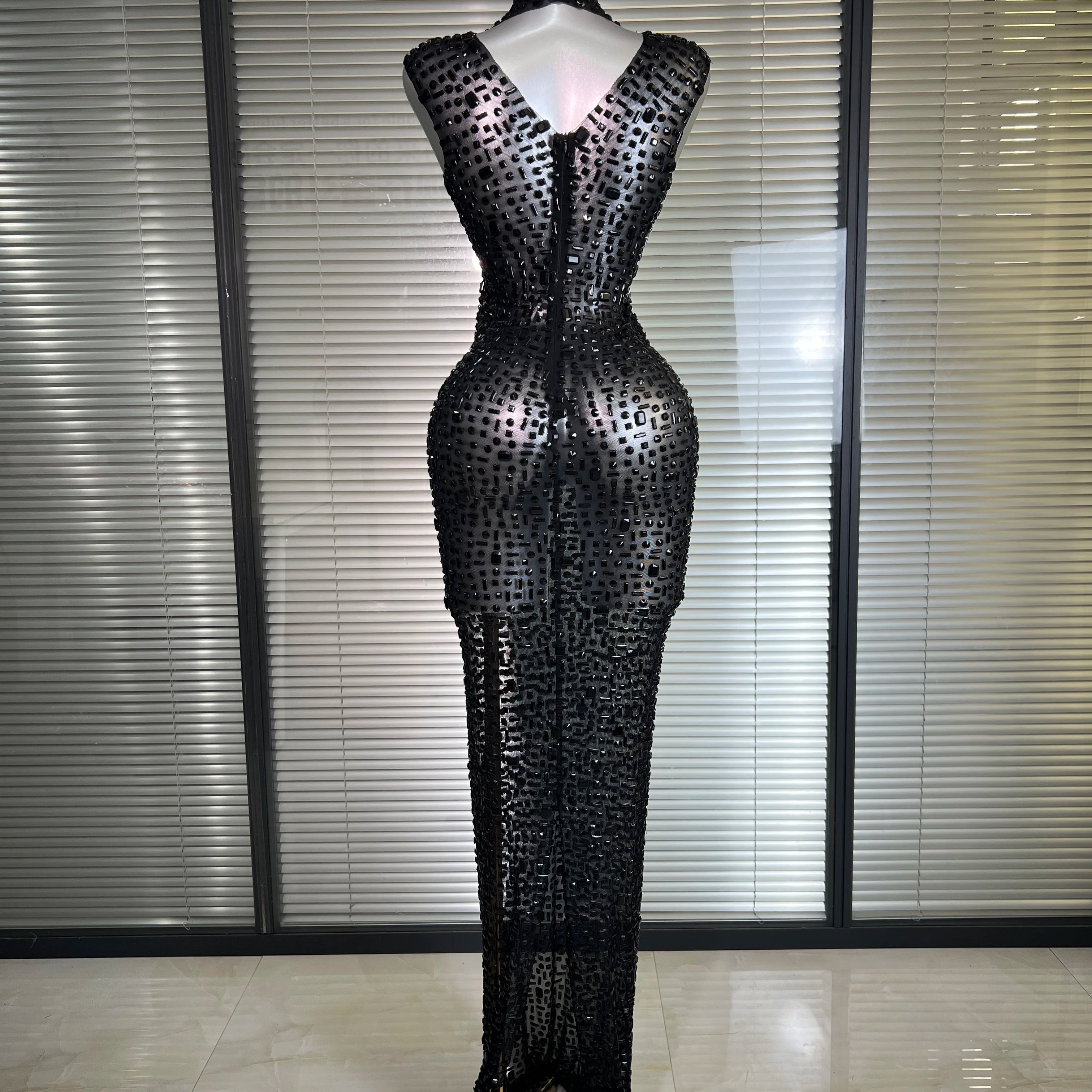 Women Sexy Mesh Crystal Diamonds Black Maxi Dress See Through Party Singer Stage Performance Costume