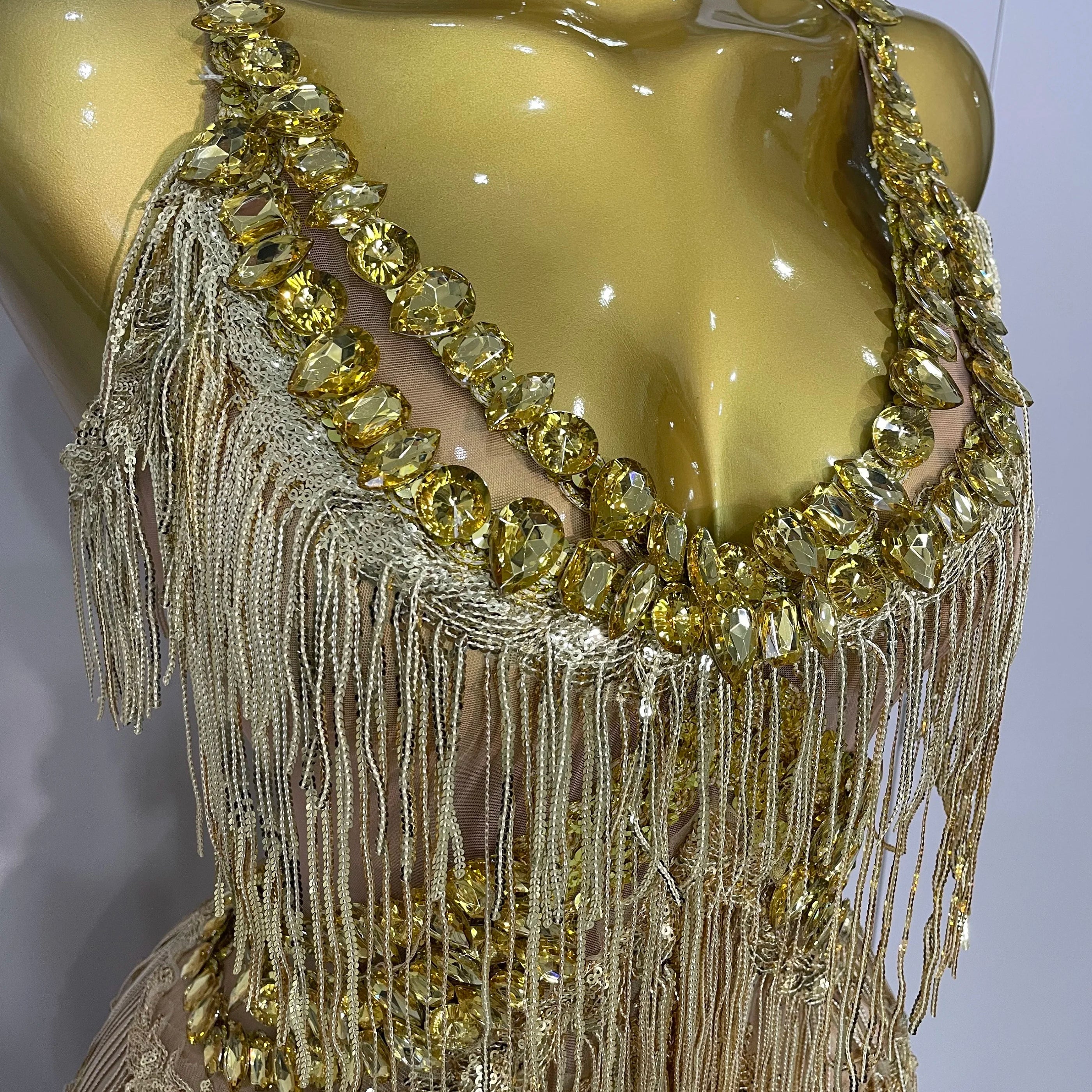 Shiny Gold Rhinestones Sequined Fringe Wide-leg jumpsuit 2025 Women Sexy Night Party Club Outfit Singer Stage Perform Costume
