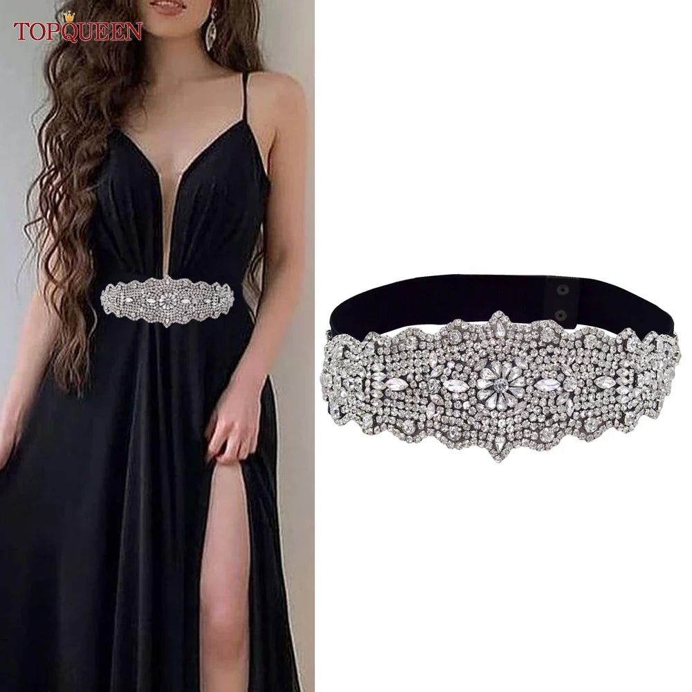 TOPQUEEN S233-B Women Black Elastic Belt All-match Silver Rhinestones Crystal Women Dress Gown Elegant Female Daily Sash Sparkly