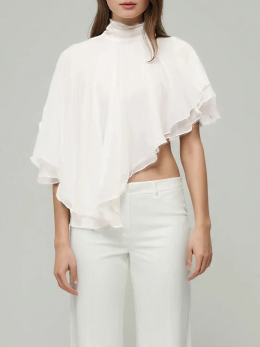 Solid Loose Spliced Lace Up Elegant Blouses for Women High Neck Sleeveless Irregular Blouse Female Fashion Clothing