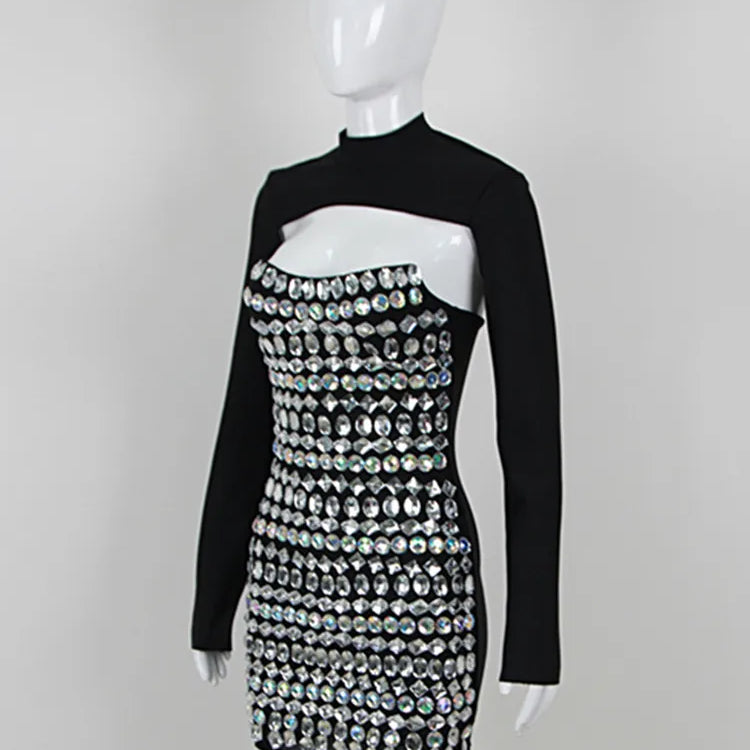 Women Celebrity Sexy Turtleneck Beading Rhinestone Black Mini Bodycon Bandage Dress 2023 Elegant Evening Club Party Dress