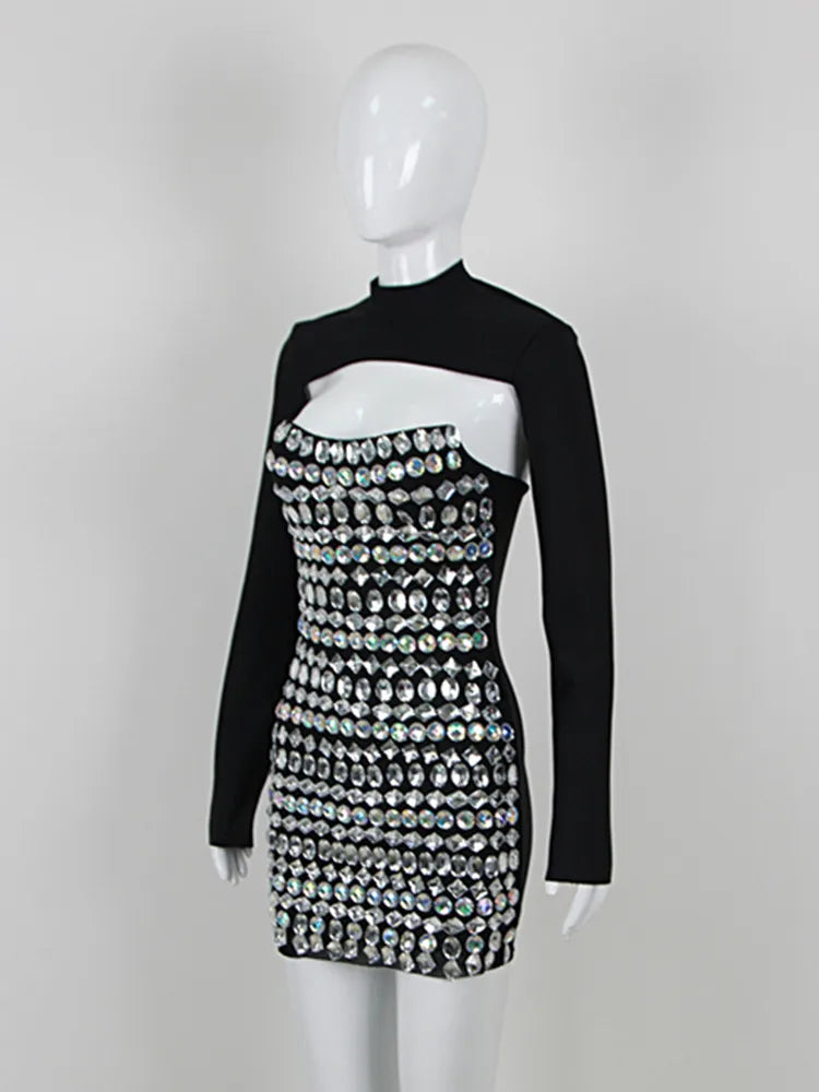 Women Celebrity Sexy Turtleneck Beading Rhinestone Black Mini Bodycon Bandage Dress 2023 Elegant Evening Club Party Dress