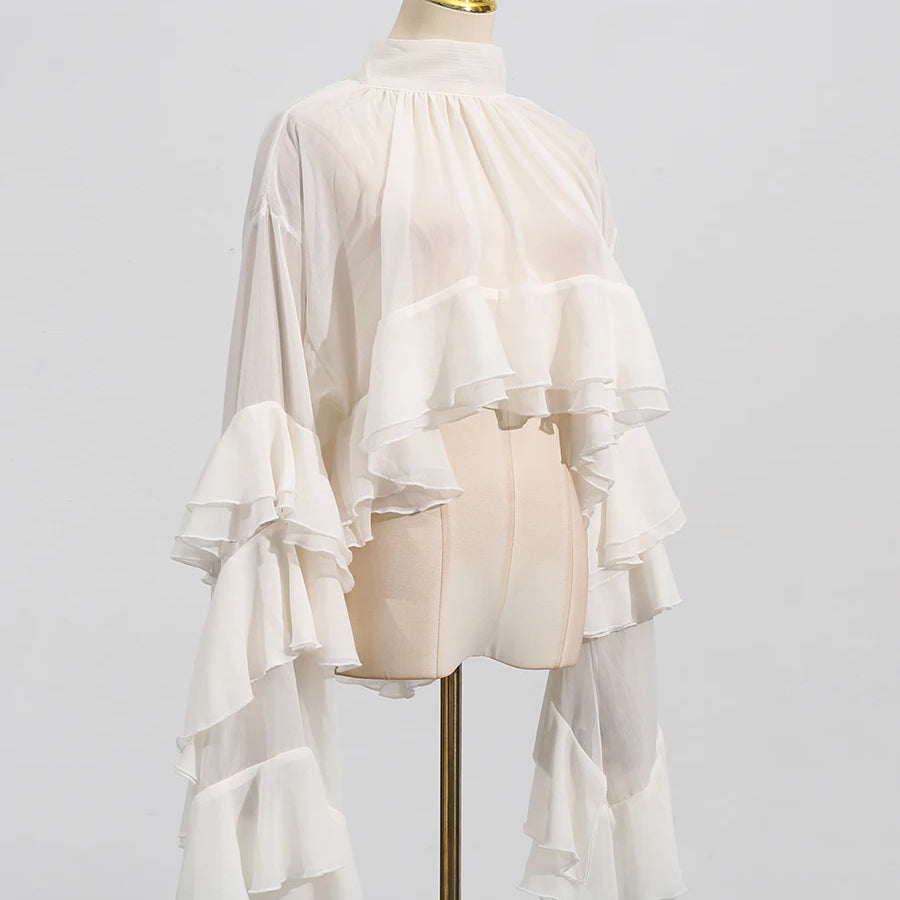 TWOTWINSTYLE Solid Loose Sheer Blouses for Women High Neck Long Sleeves Patchwork Ruffles Folds Elegant Blouse Female Clothing