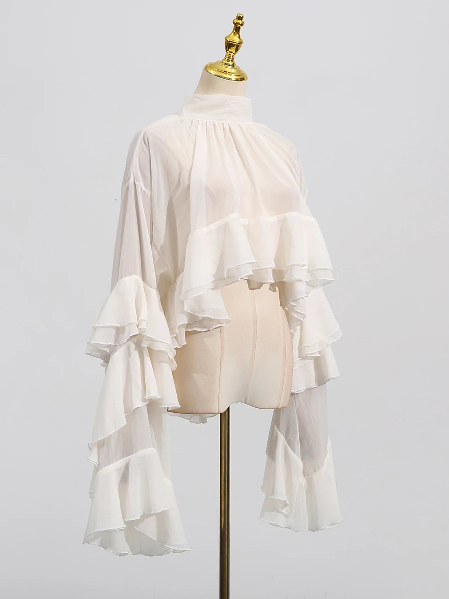TWOTWINSTYLE Solid Loose Sheer Blouses for Women High Neck Long Sleeves Patchwork Ruffles Folds Elegant Blouse Female Clothing