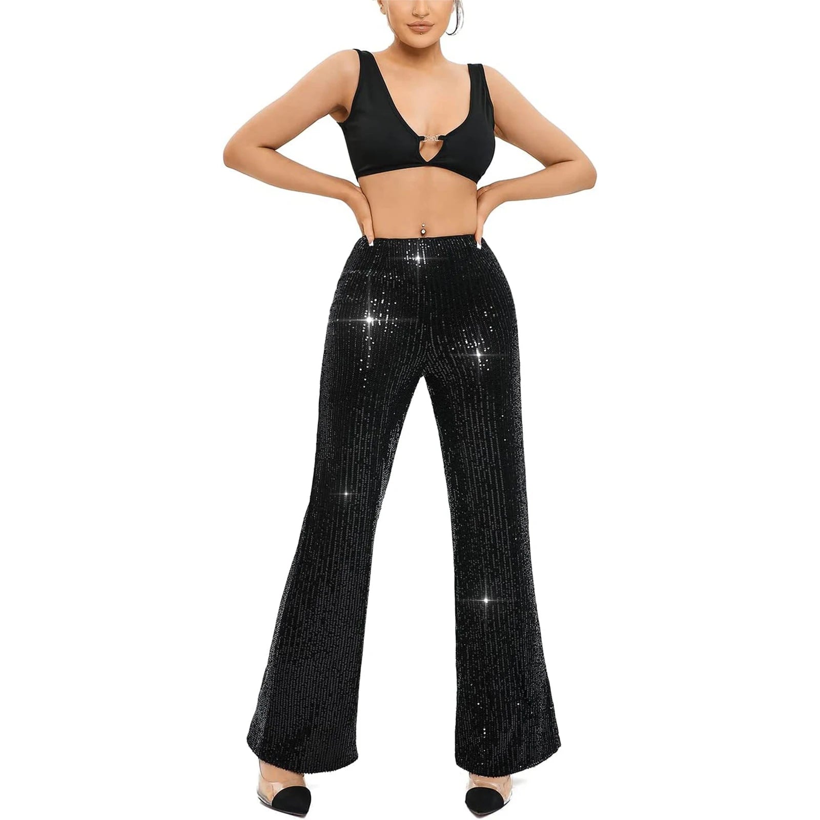 Women Glitter Sequin Wide Leg Pants High Waist Flared Bell-bottom Trousers Slim Fit Party Clubwear Shiny Sparkly Pants B-Black