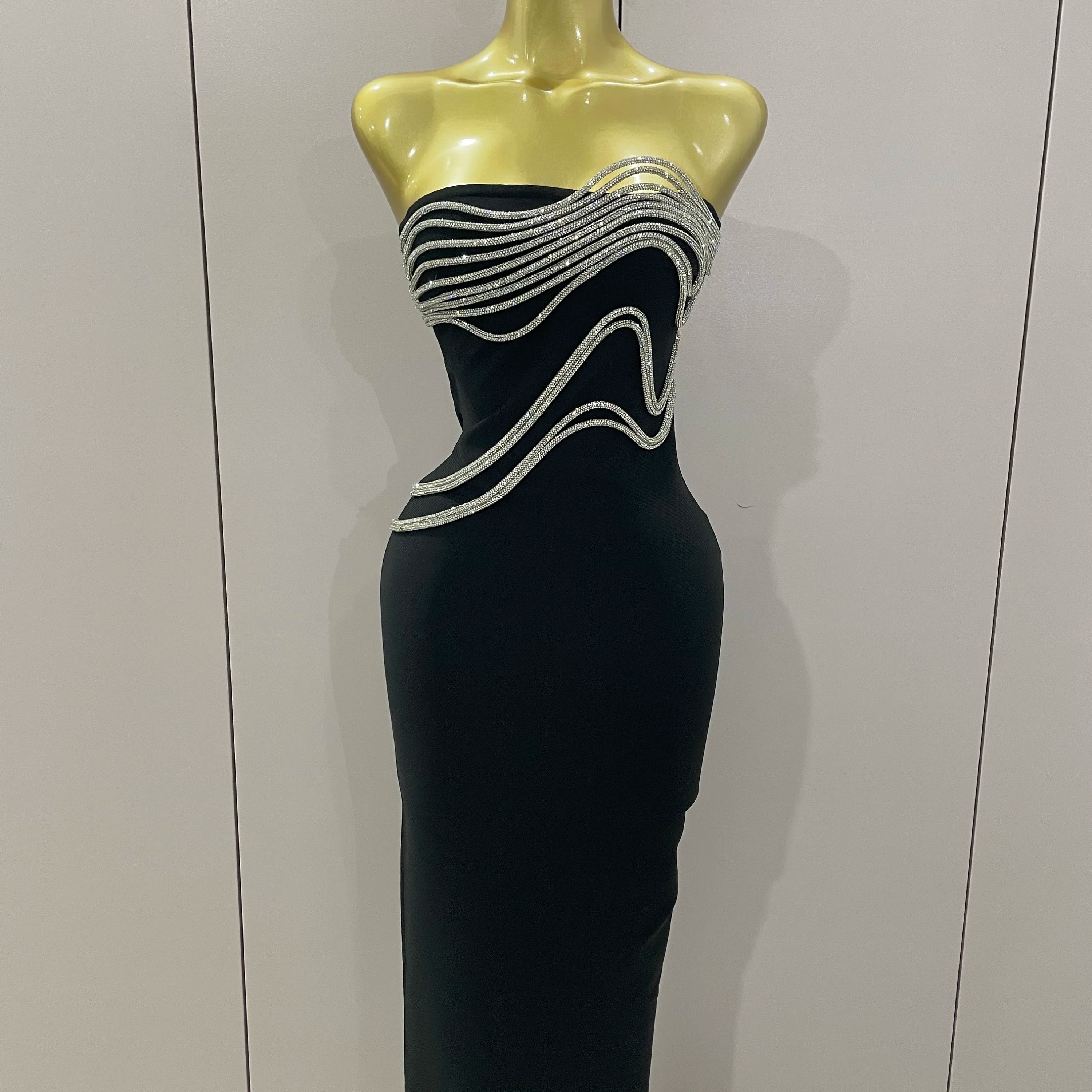 Sexy Strapless Diamond Lines Bodycon Bandage Long Dress 2025 Women Celebrity Red Carpet Elegant Evening Birthday Party Dresses
