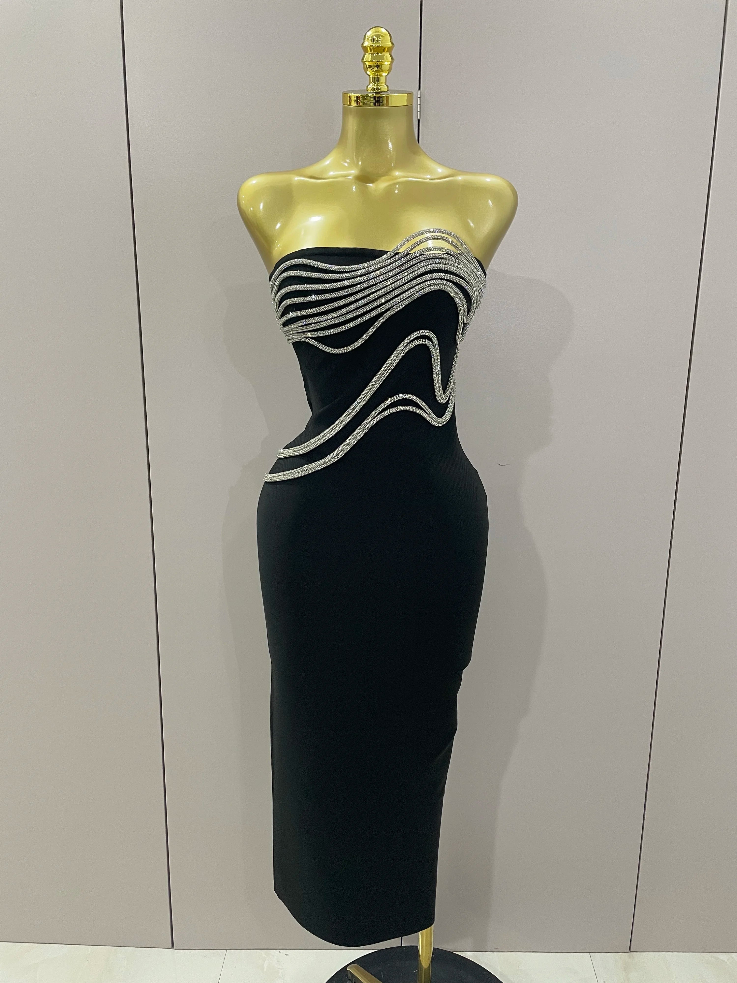 Sexy Strapless Diamond Lines Bodycon Bandage Long Dress 2025 Women Celebrity Red Carpet Elegant Evening Birthday Party Dresses