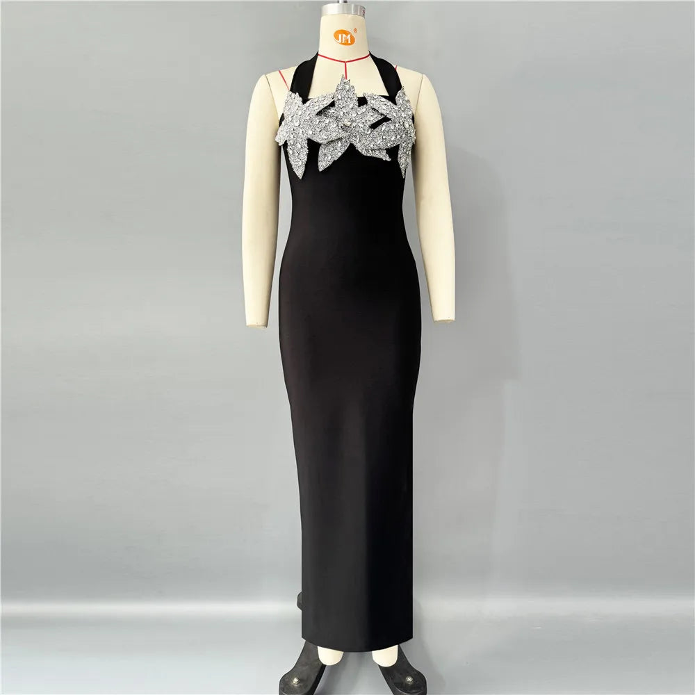 Black Red Women Sexy Halter Off the Shoulder Shinning Diamond Bodycon Long Bandage Dress Evening Party Celebrate Fashion Outfit